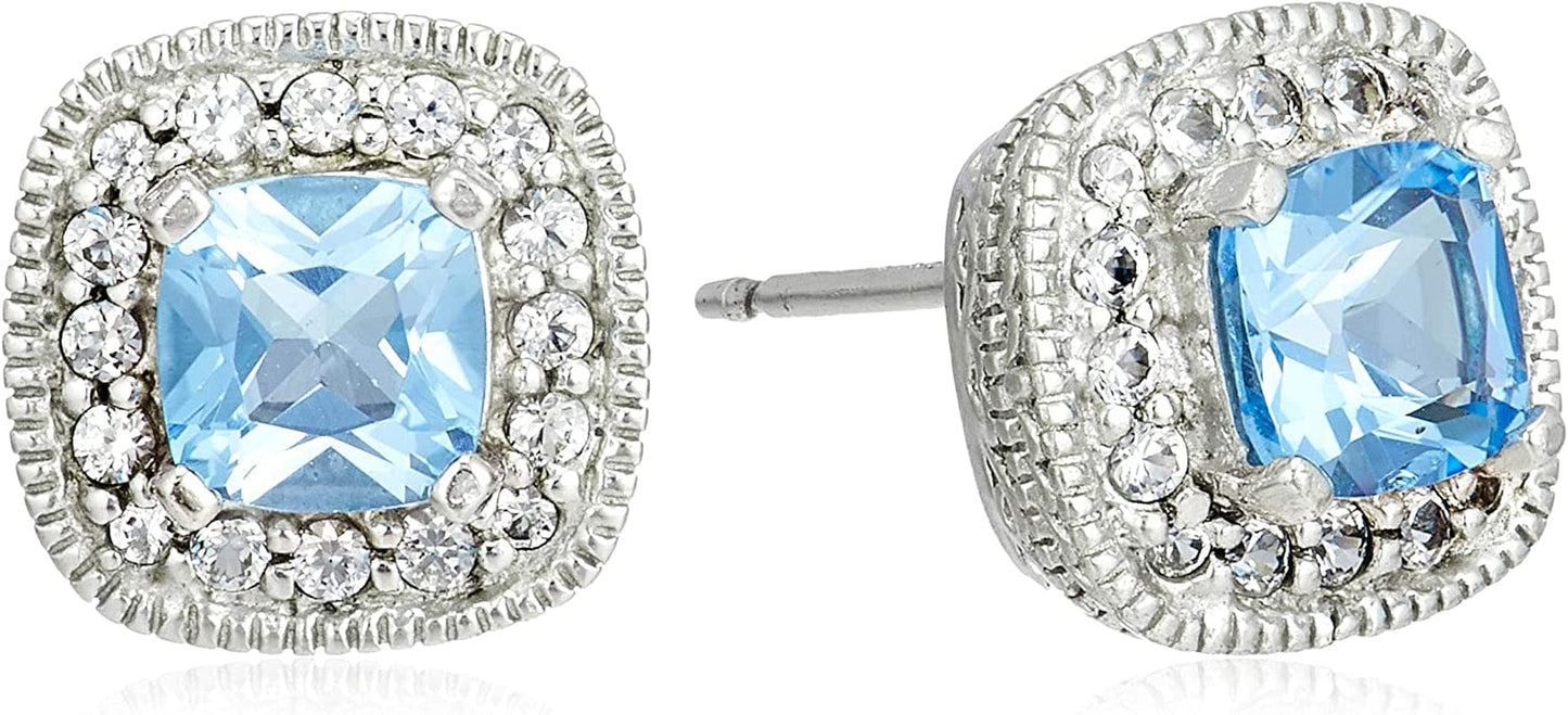 Collection Sterling Silver Cushion Cut Birthstone and Created White Sapphire Halo Stud Earrings Swiss-Blue-Topaz