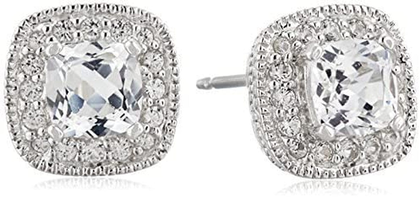 Collection Sterling Silver Cushion Cut Birthstone and Created White Sapphire Halo Stud Earrings Created White Sapphire