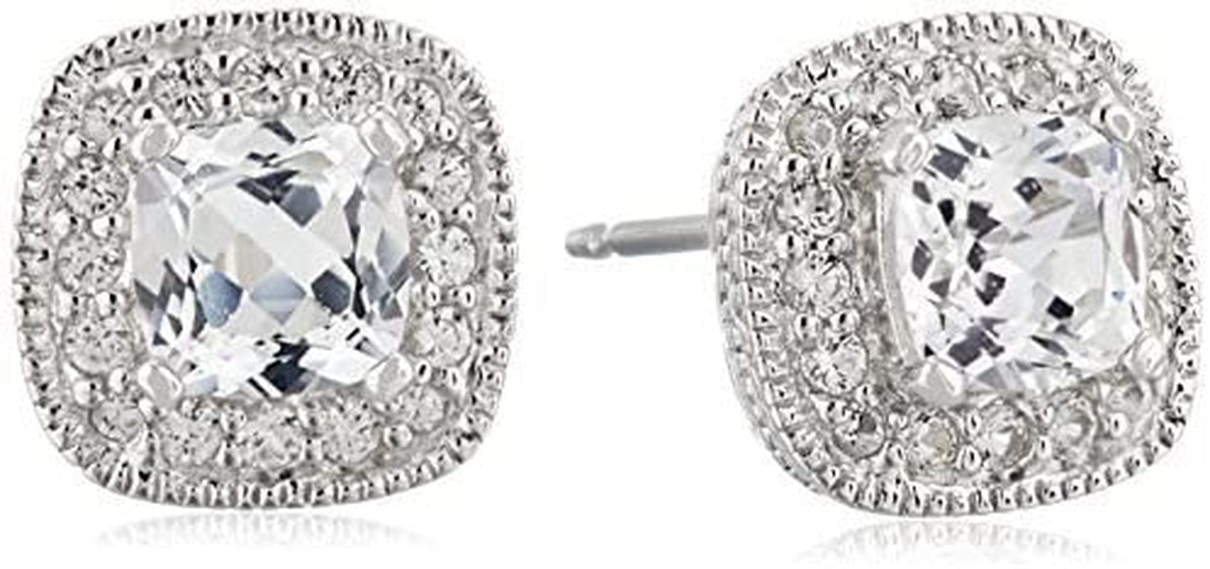 Collection Sterling Silver Cushion Cut Birthstone and Created White Sapphire Halo Stud Earrings Created White Sapphire