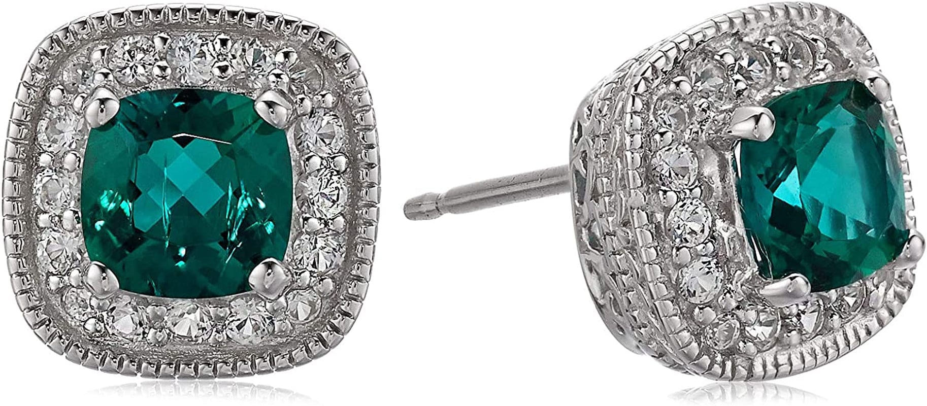 Collection Sterling Silver Cushion Cut Birthstone and Created White Sapphire Halo Stud Earrings Emerald