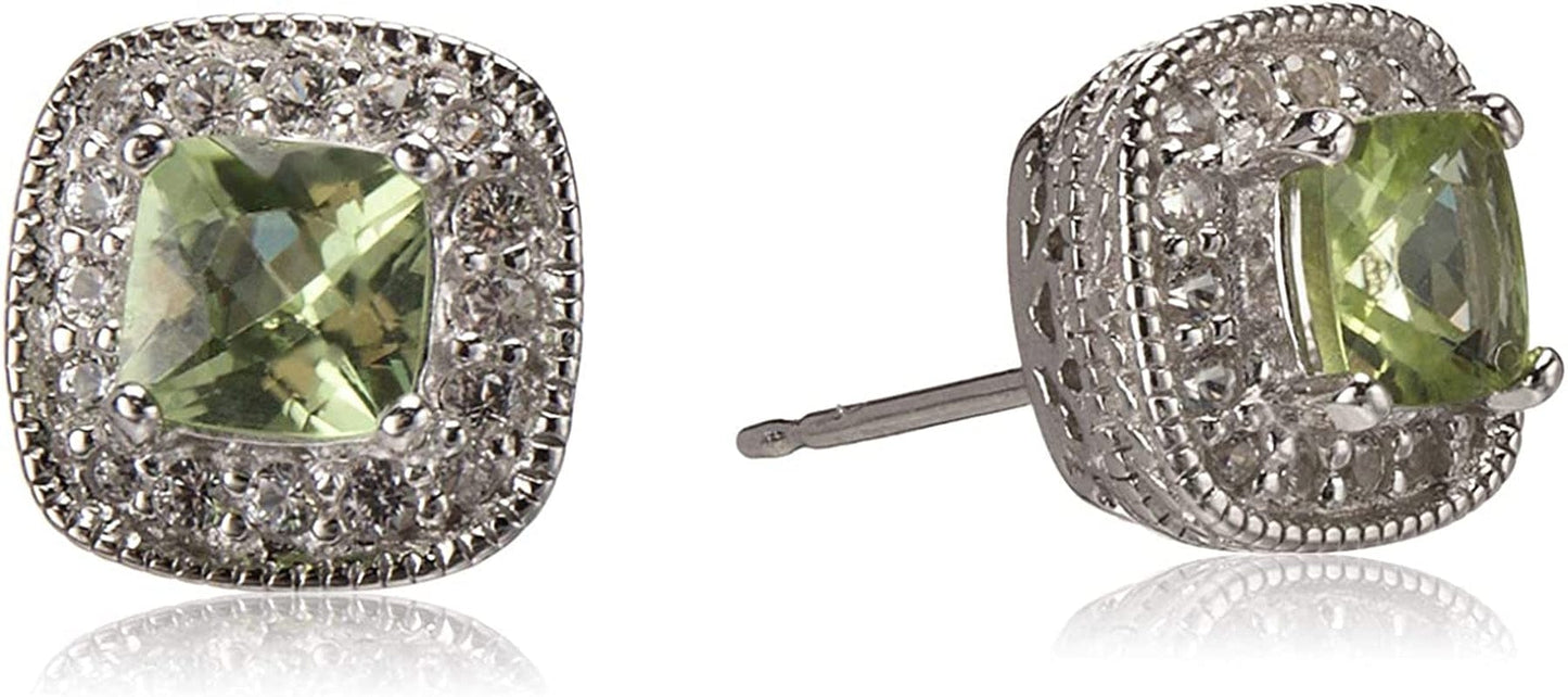 Collection Sterling Silver Cushion Cut Birthstone and Created White Sapphire Halo Stud Earrings Peridot