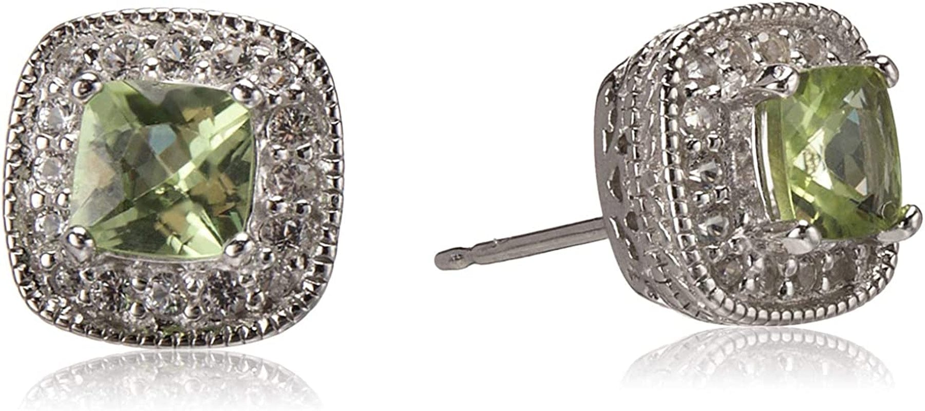 Collection Sterling Silver Cushion Cut Birthstone and Created White Sapphire Halo Stud Earrings Peridot