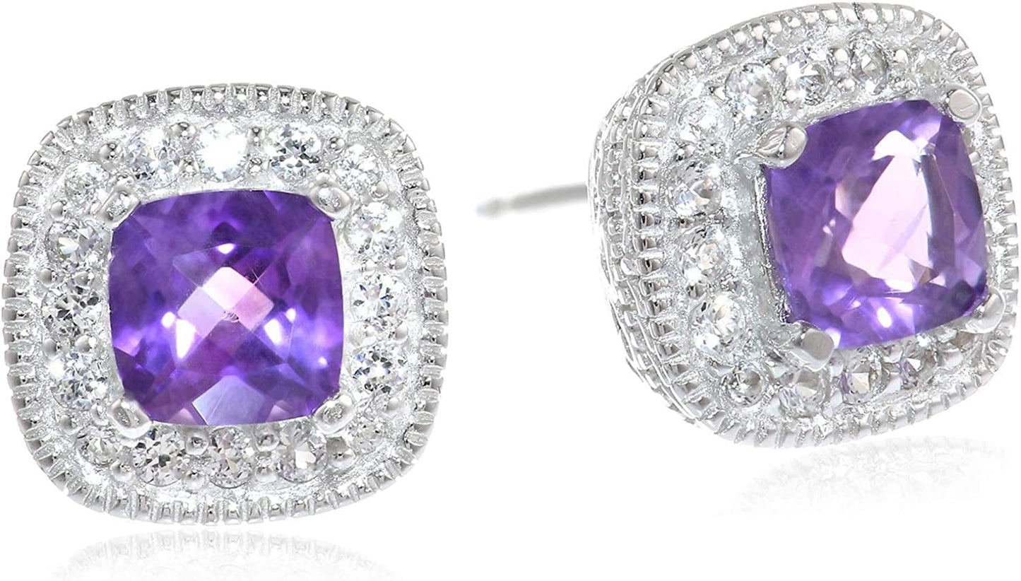 Collection Sterling Silver Cushion Cut Birthstone and Created White Sapphire Halo Stud Earrings Amethyst