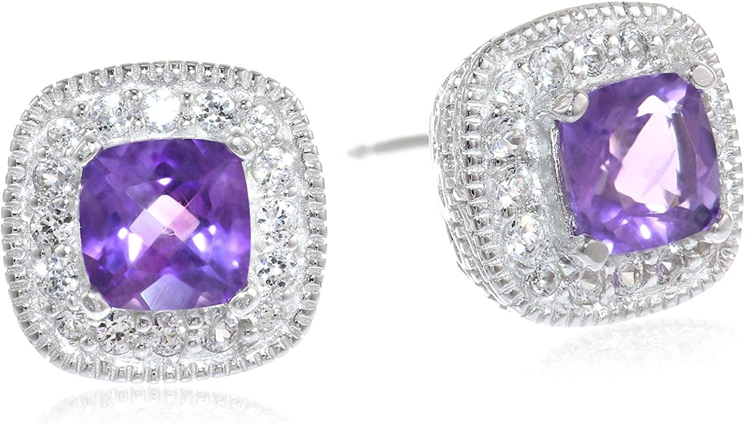 Collection Sterling Silver Cushion Cut Birthstone and Created White Sapphire Halo Stud Earrings Amethyst