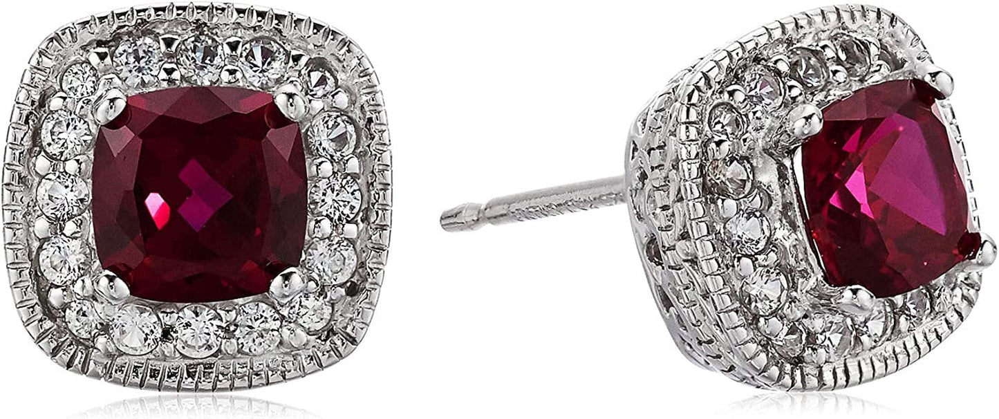 Collection Sterling Silver Cushion Cut Birthstone and Created White Sapphire Halo Stud Earrings Created Ruby
