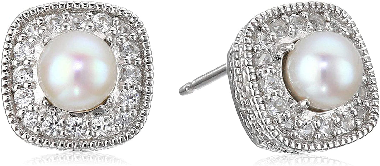 Collection Sterling Silver Cushion Cut Birthstone and Created White Sapphire Halo Stud Earrings Pearl