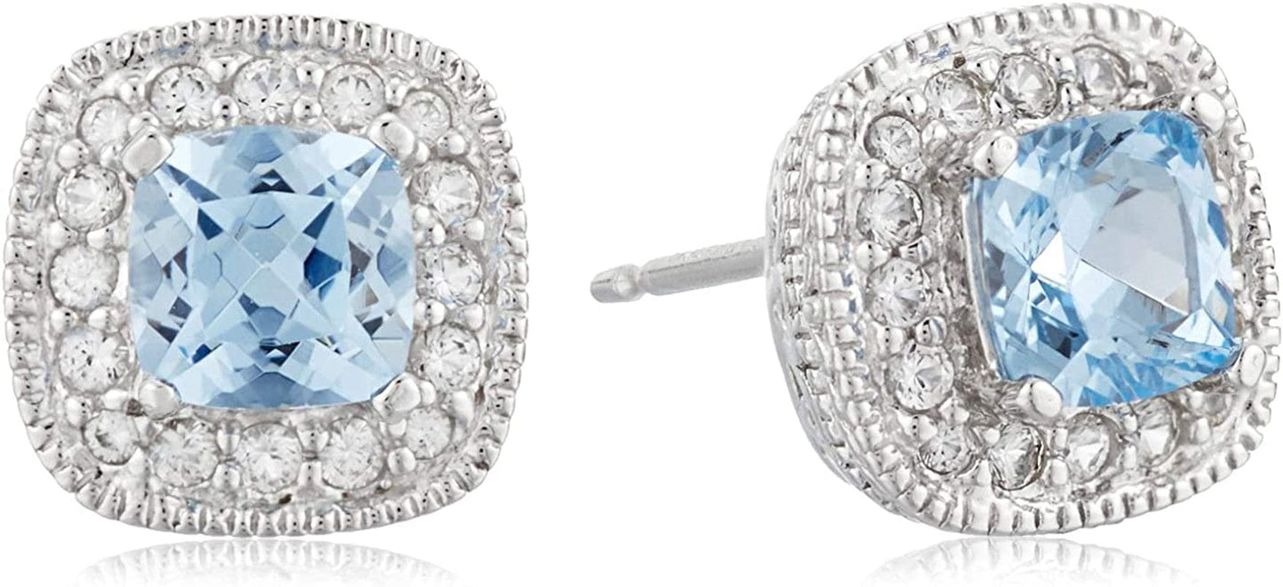 Collection Sterling Silver Cushion Cut Birthstone and Created White Sapphire Halo Stud Earrings Lab-Created Aquamarine