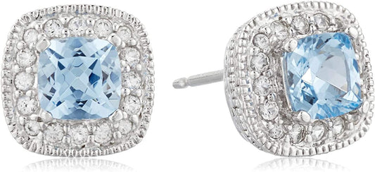 Collection Sterling Silver Cushion Cut Birthstone and Created White Sapphire Halo Stud Earrings Lab-Created Aquamarine