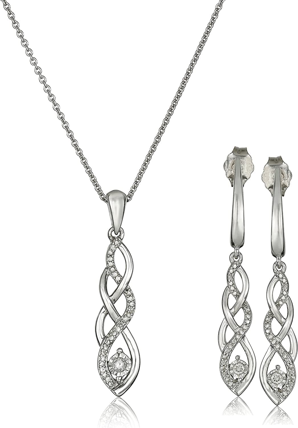 Collection Sterling Silver Diamond Twist Pendant Necklace and Earrings Box Set (1/5 Cttw), 18"