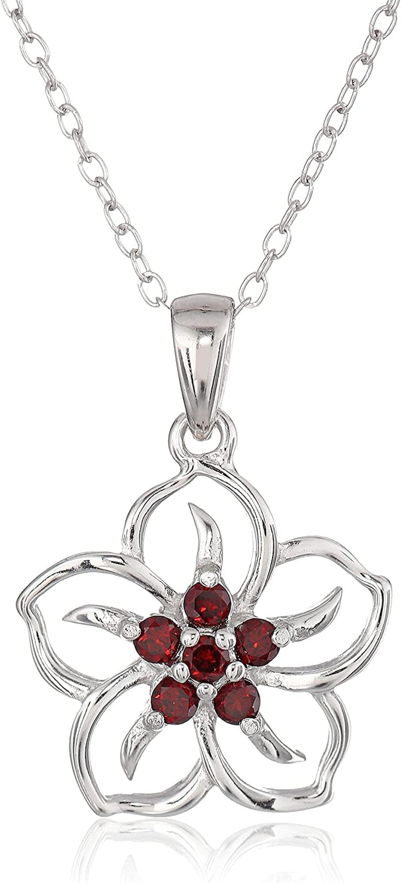 Collection Sterling Silver Gemstone Flower Pendant Necklace garnet