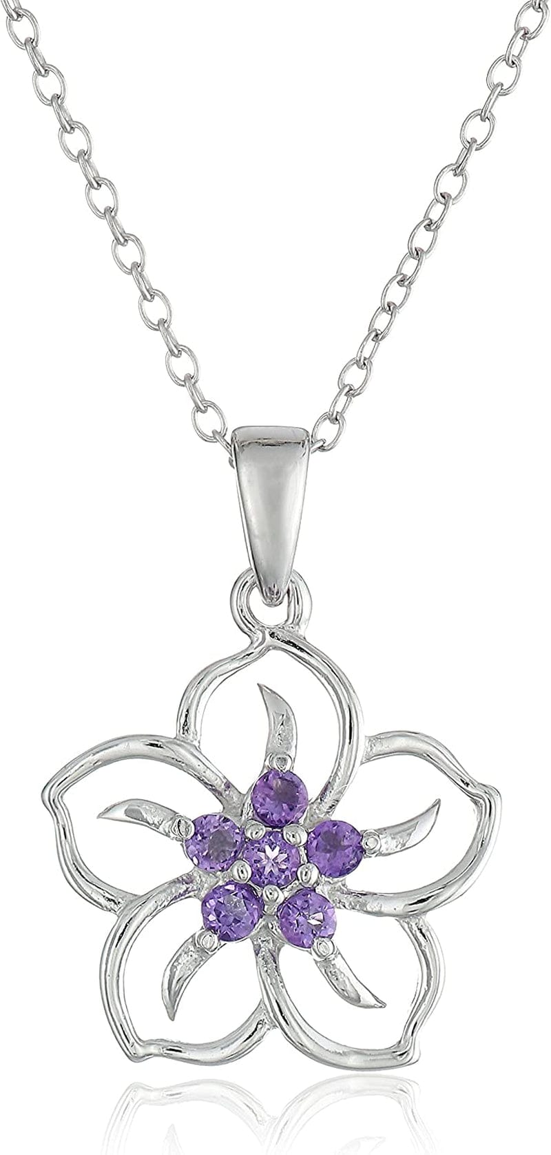 Collection Sterling Silver Gemstone Flower Pendant Necklace amethyst