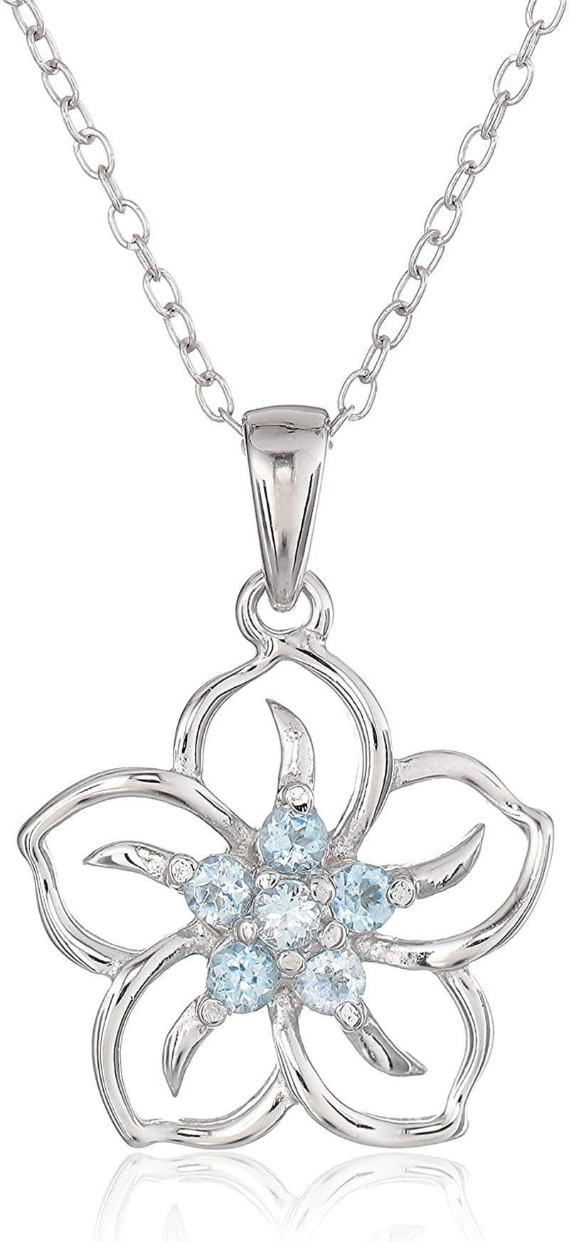 Collection Sterling Silver Gemstone Flower Pendant Necklace blue-topaz