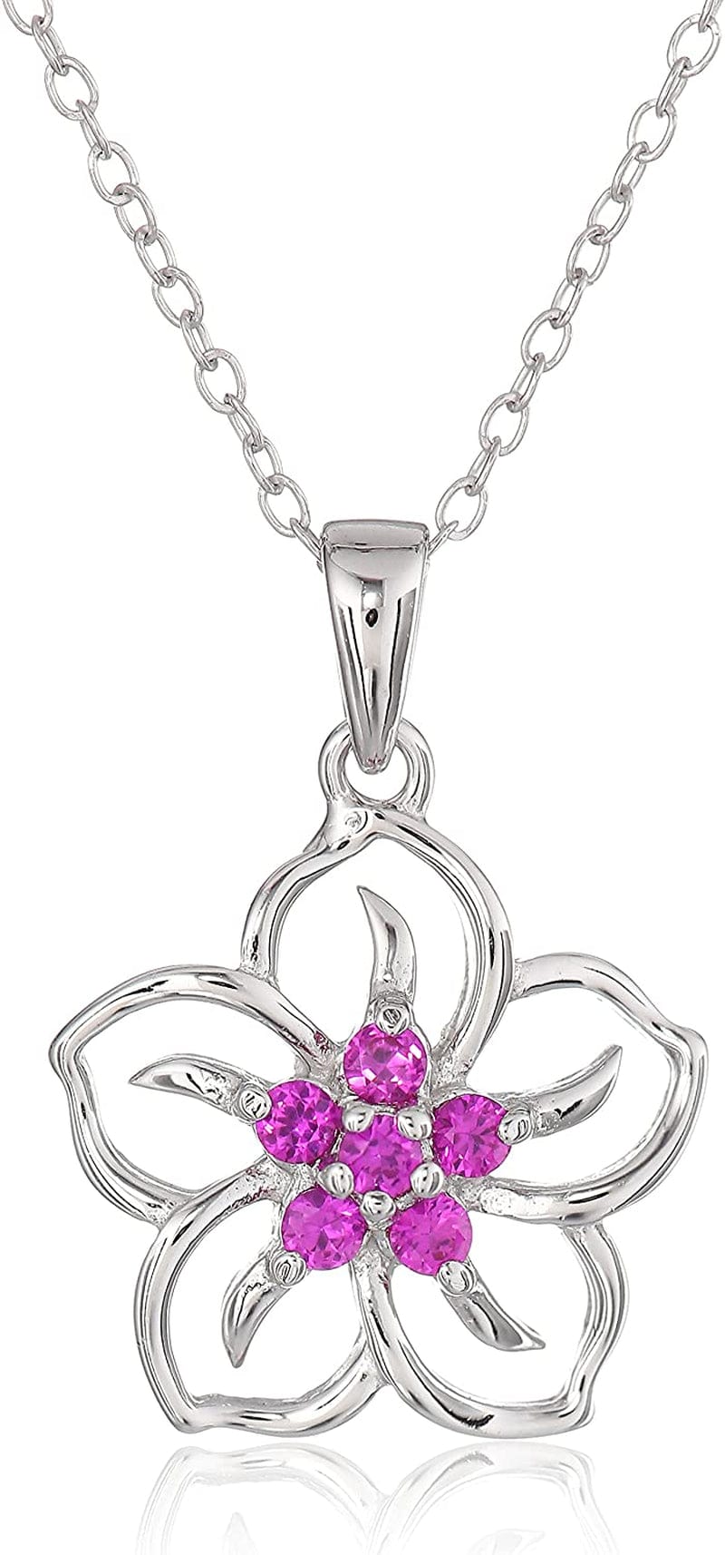 Collection Sterling Silver Gemstone Flower Pendant Necklace created-ruby