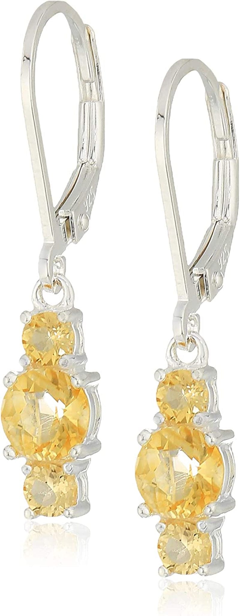 Collection Sterling Silver Genuine and Created Gemstone Three Stone Birthstone Leverback Dangle Earrings Citrine
