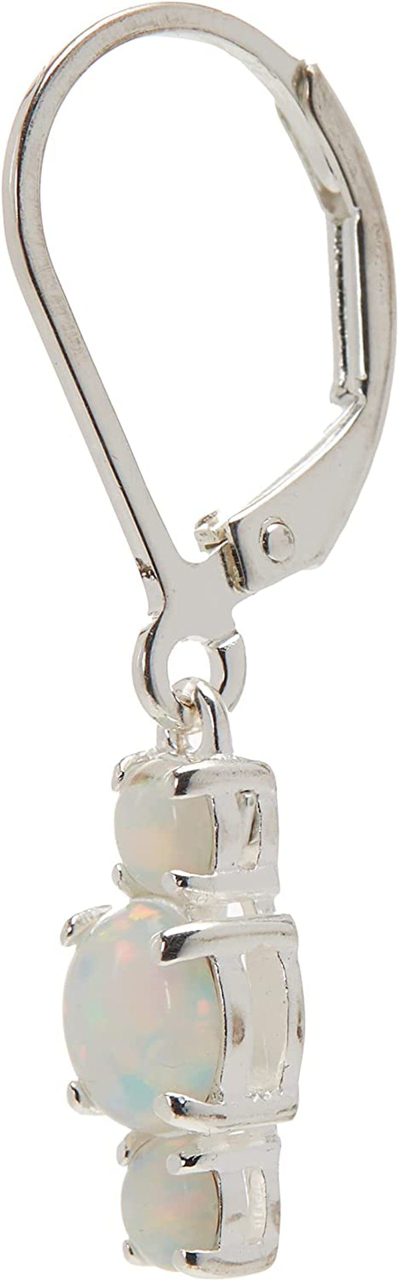 Collection Sterling Silver Genuine and Created Gemstone Three Stone Birthstone Leverback Dangle Earrings Opal