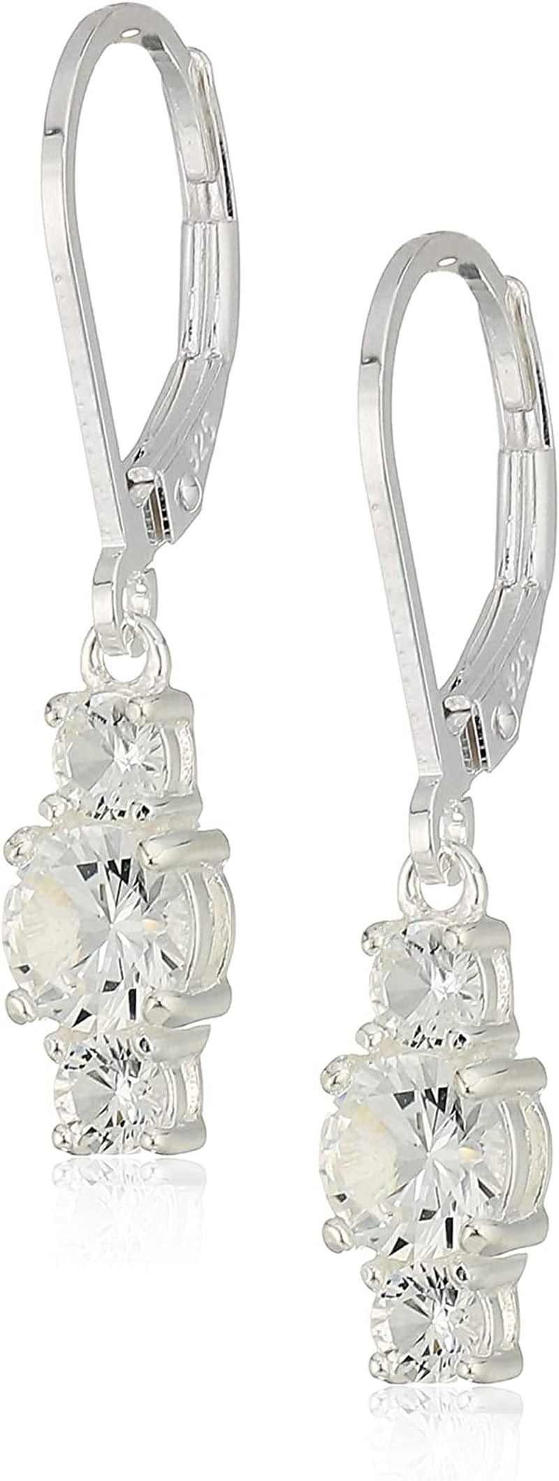Collection Sterling Silver Genuine and Created Gemstone Three Stone Birthstone Leverback Dangle Earrings Created White Sapphire