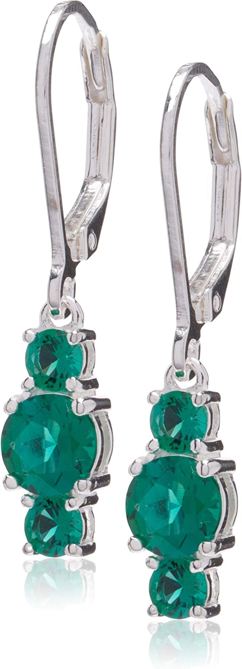 Collection Sterling Silver Genuine and Created Gemstone Three Stone Birthstone Leverback Dangle Earrings Created Emerald