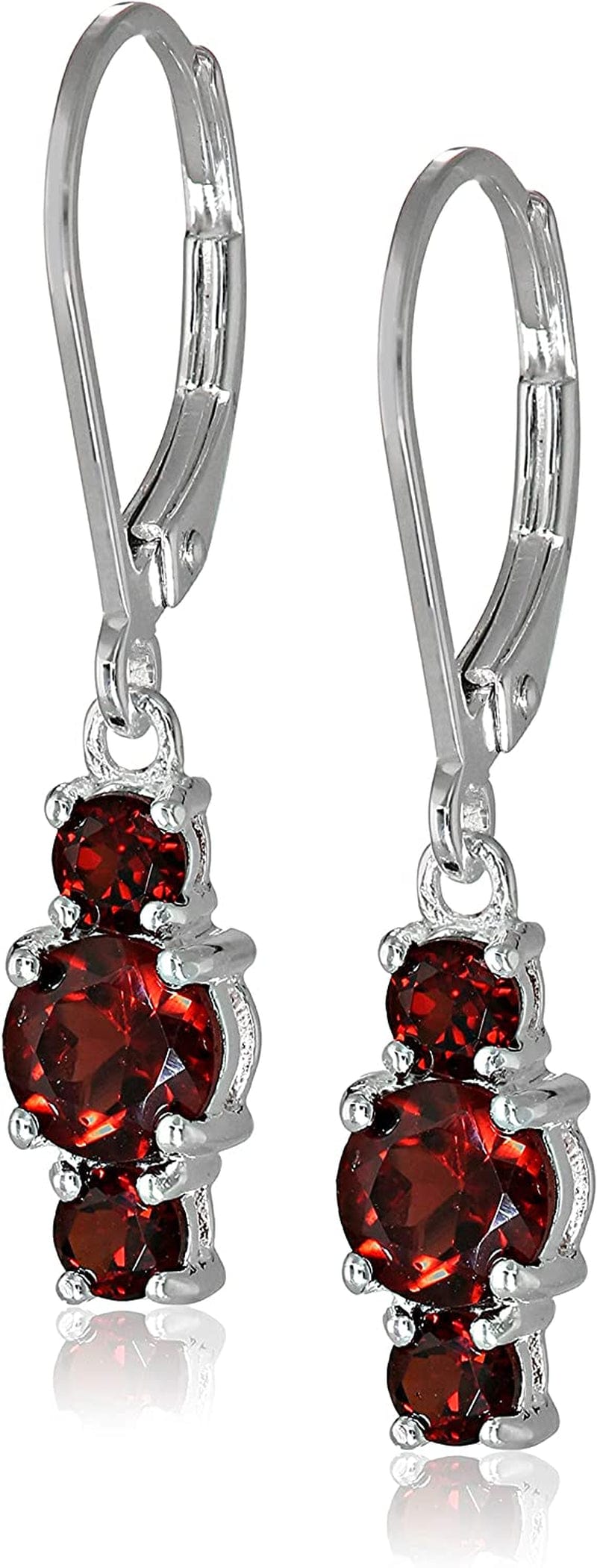 Collection Sterling Silver Genuine and Created Gemstone Three Stone Birthstone Leverback Dangle Earrings Garnet
