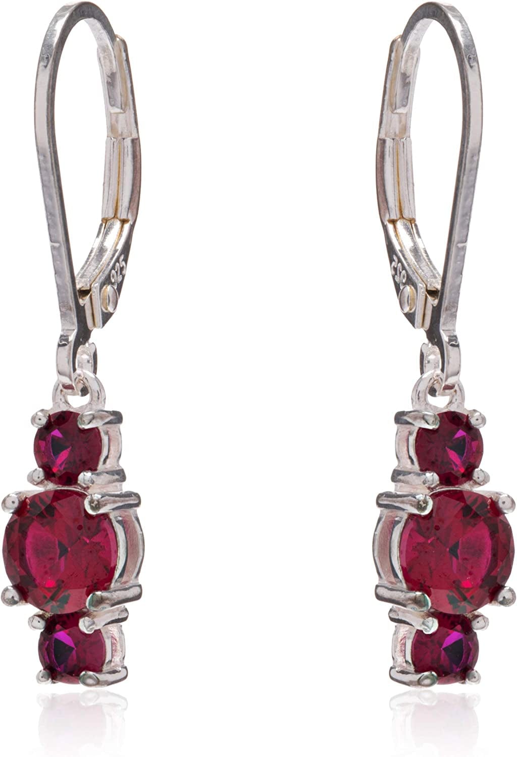 Collection Sterling Silver Genuine and Created Gemstone Three Stone Birthstone Leverback Dangle Earrings Created Ruby