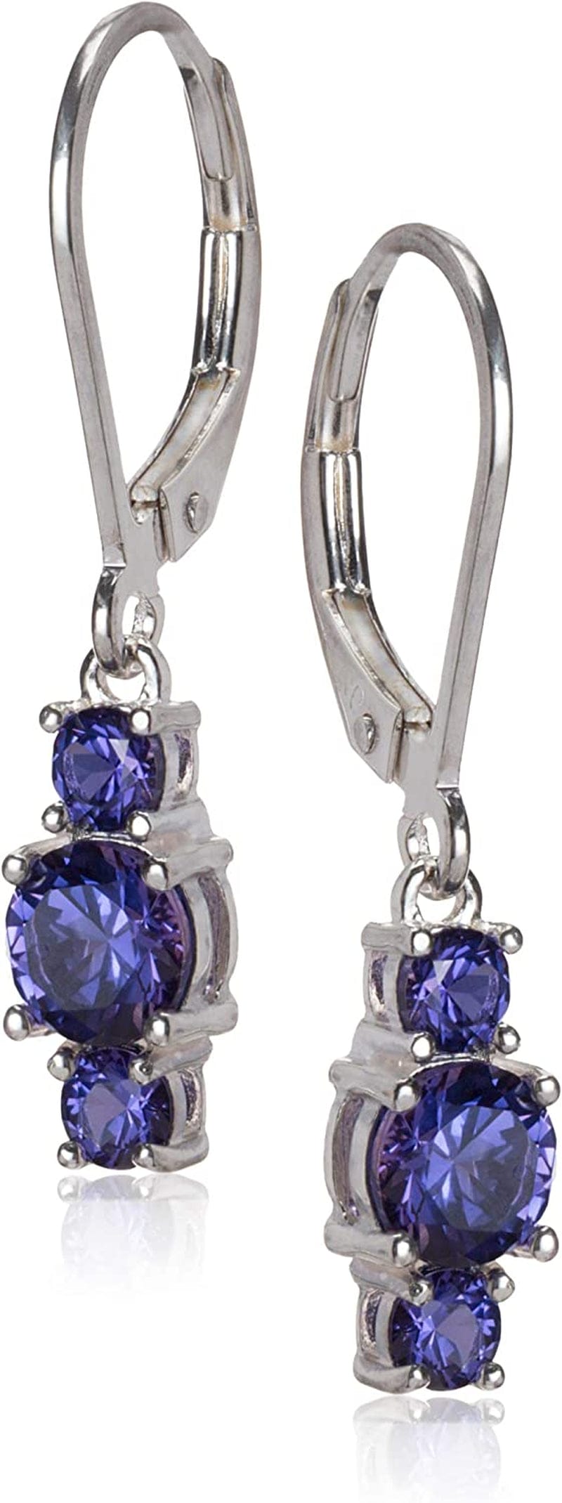 Collection Sterling Silver Genuine and Created Gemstone Three Stone Birthstone Leverback Dangle Earrings Created Alexandrite Sapphire