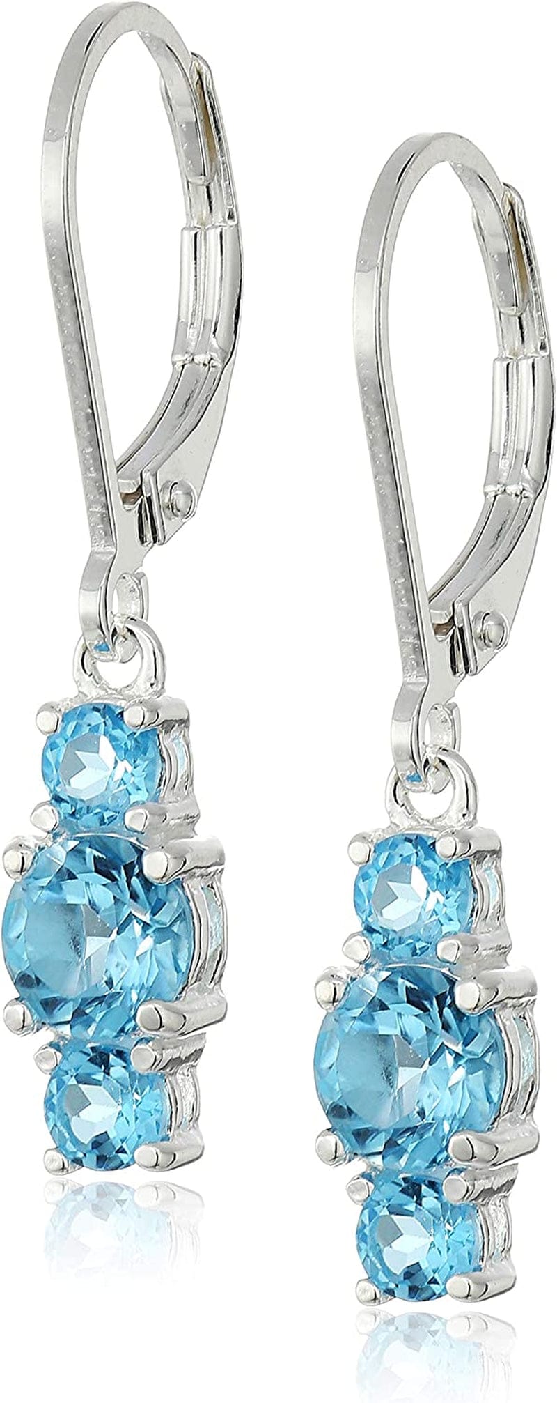 Collection Sterling Silver Genuine and Created Gemstone Three Stone Birthstone Leverback Dangle Earrings Blue Topaz