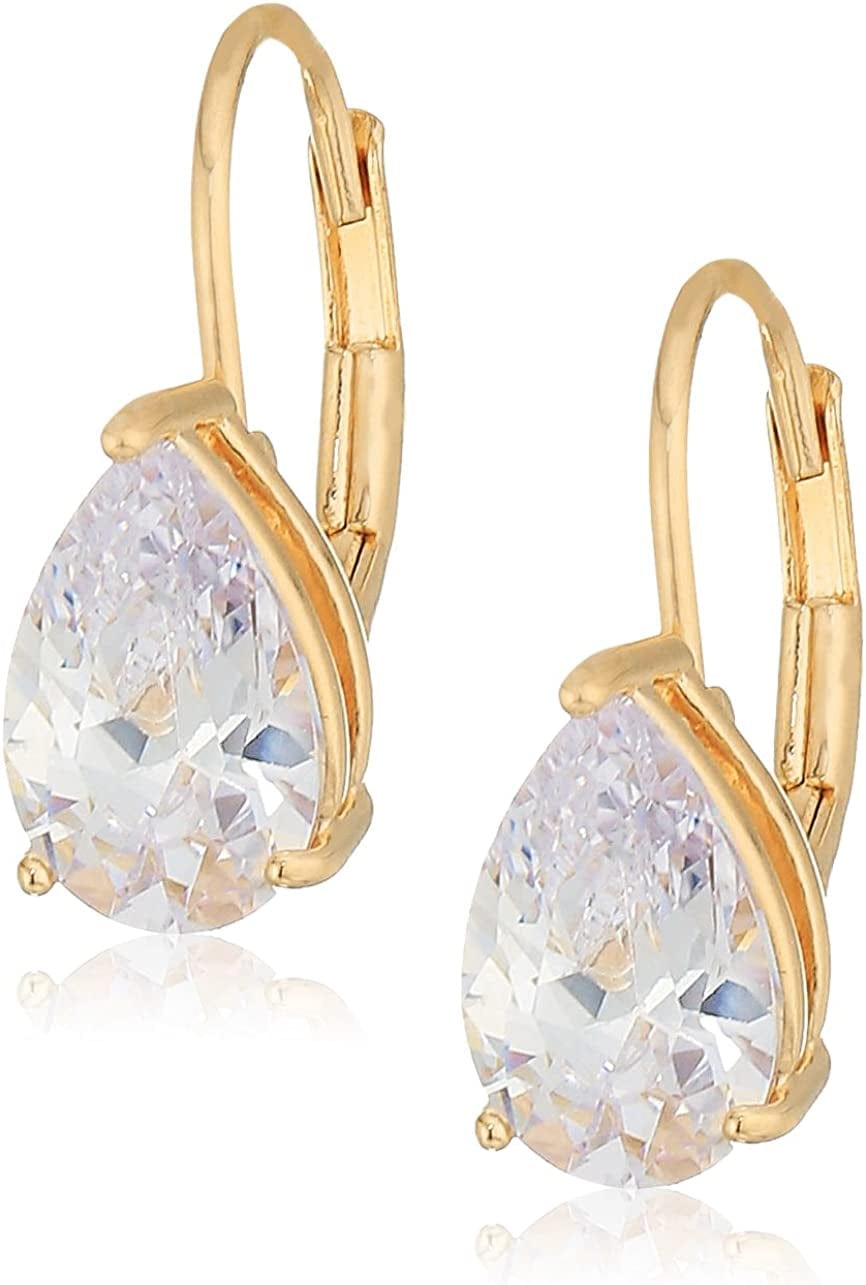 Collection Sterling Silver or Gold Plated Sterling Silver Pear Cut Cubic Zirconia Leverback Earrings yellow gold plated silver