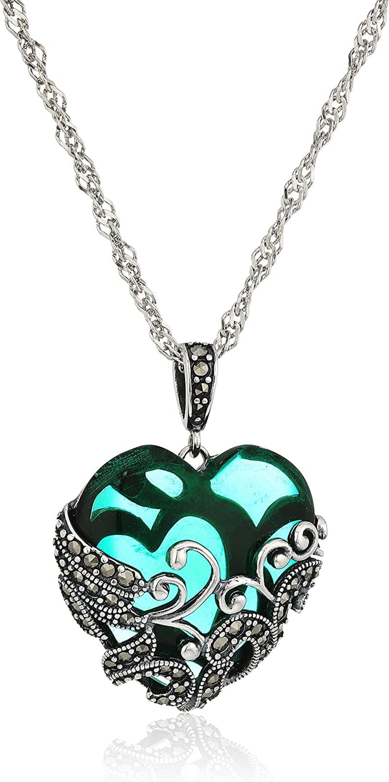 Collection Sterling Silver Oxidized Marcasite and Gemstone Colored Glass Filigree Heart Pendant Necklace, 18" Green