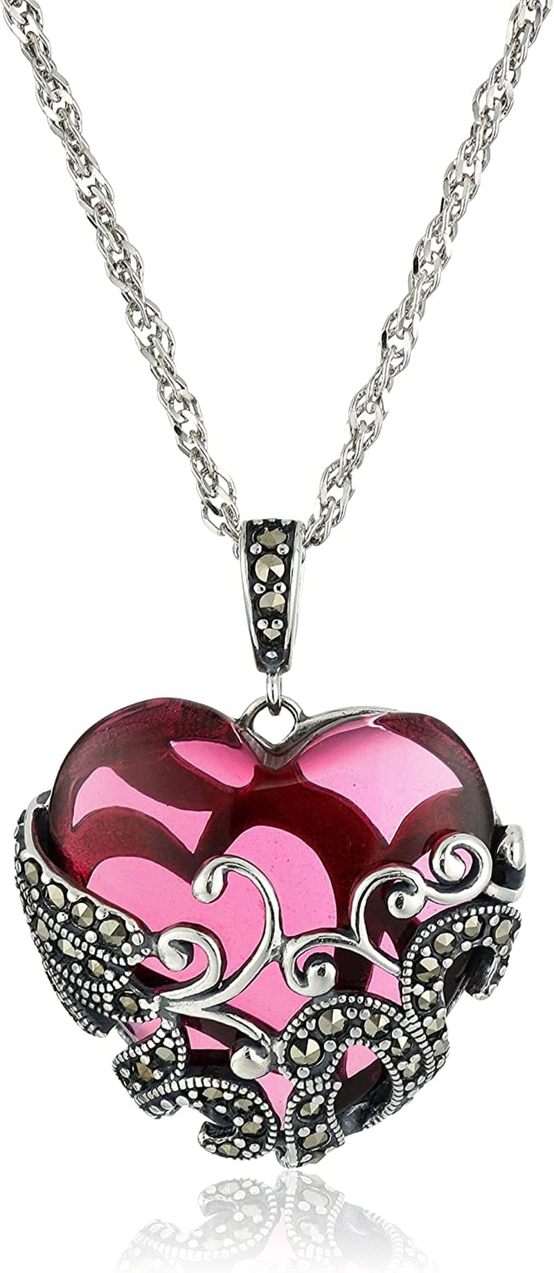 Collection Sterling Silver Oxidized Marcasite and Gemstone Colored Glass Filigree Heart Pendant Necklace, 18" Red