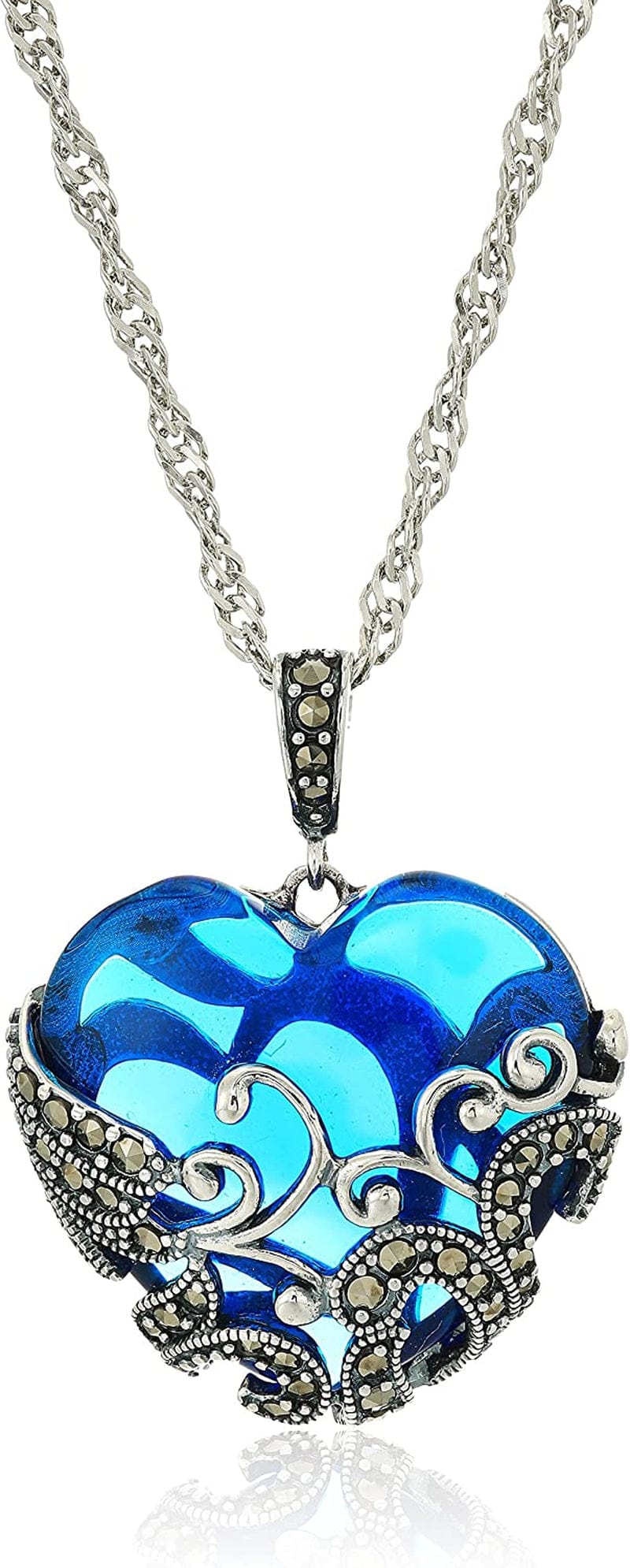 Collection Sterling Silver Oxidized Marcasite and Gemstone Colored Glass Filigree Heart Pendant Necklace, 18" Blue