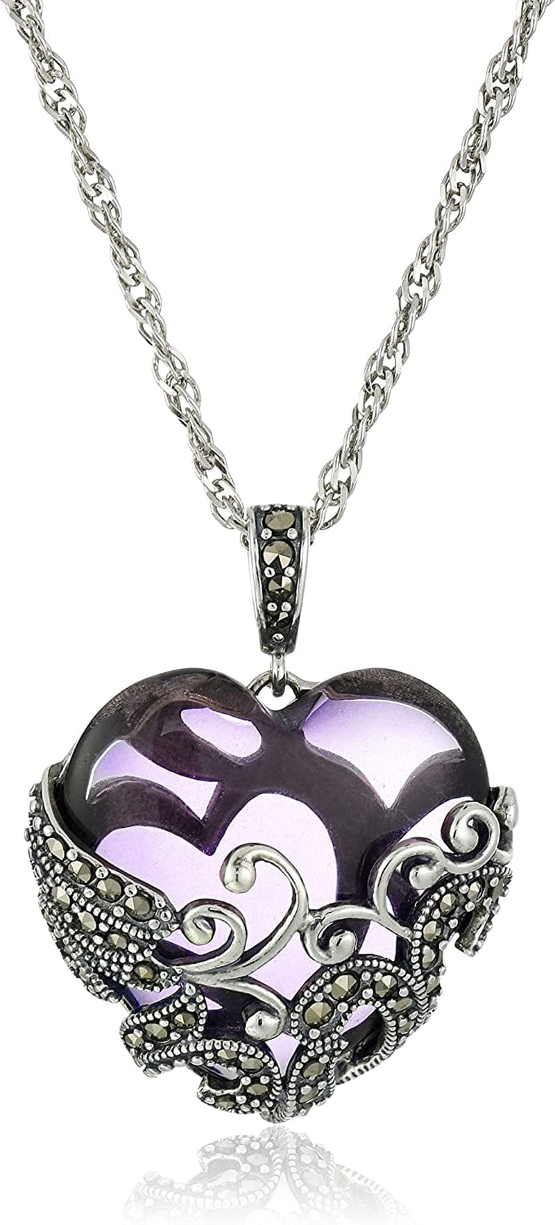 Collection Sterling Silver Oxidized Marcasite and Gemstone Colored Glass Filigree Heart Pendant Necklace, 18" Purple