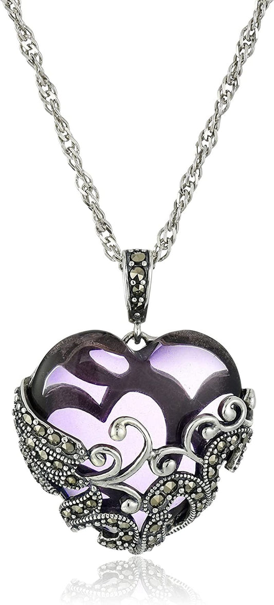 Collection Sterling Silver Oxidized Marcasite and Gemstone Colored Glass Filigree Heart Pendant Necklace, 18" Purple