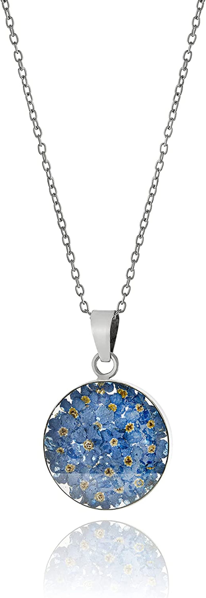 Collection Sterling Silver Pressed Flower round Pendant Necklace, 16" Blue