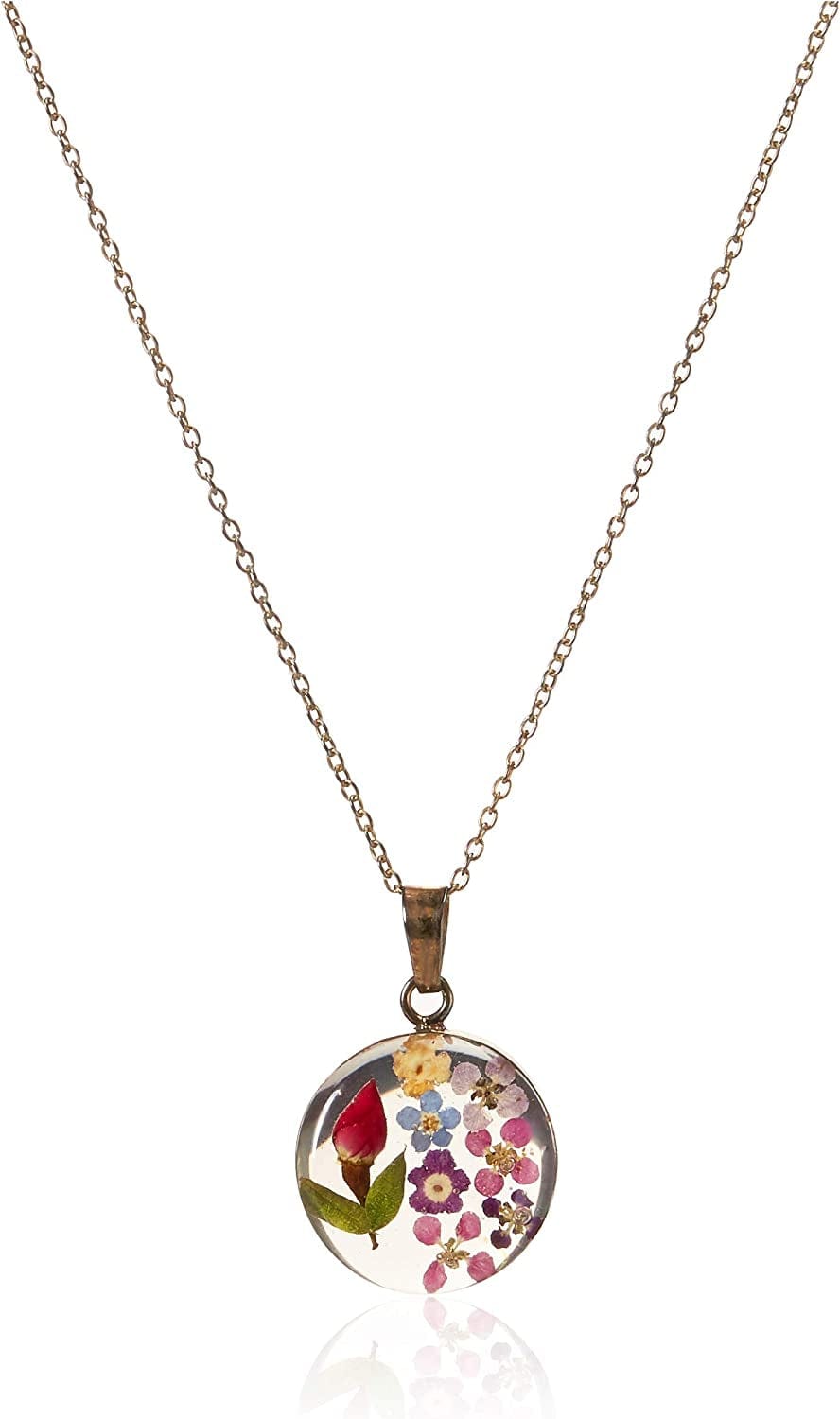 Collection Sterling Silver Pressed Flower round Pendant Necklace, 16" Gold Over Silver