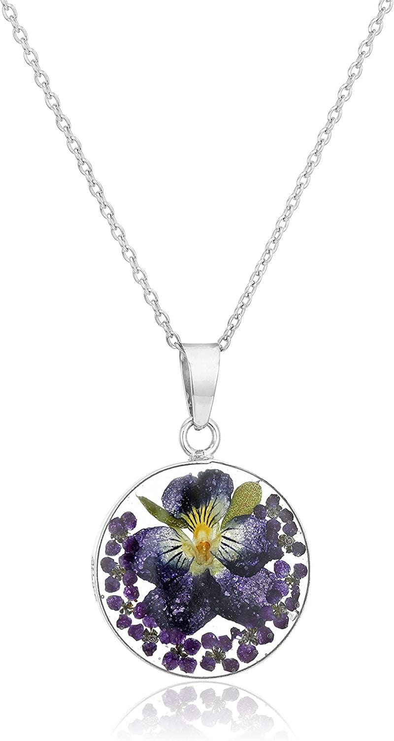 Collection Sterling Silver Pressed Flower round Pendant Necklace, 16" Dark Blue