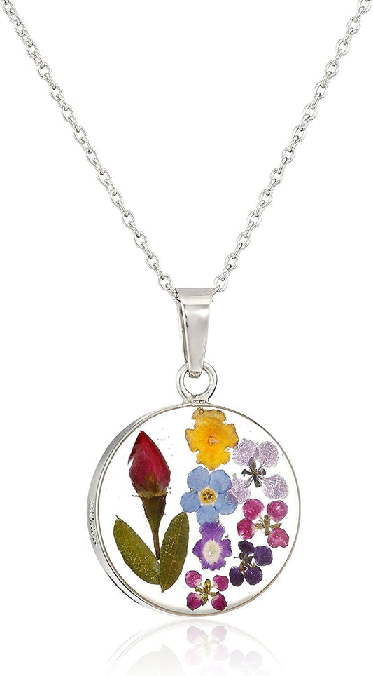 Collection Sterling Silver Pressed Flower round Pendant Necklace, 16" Rhodium Plated Silver