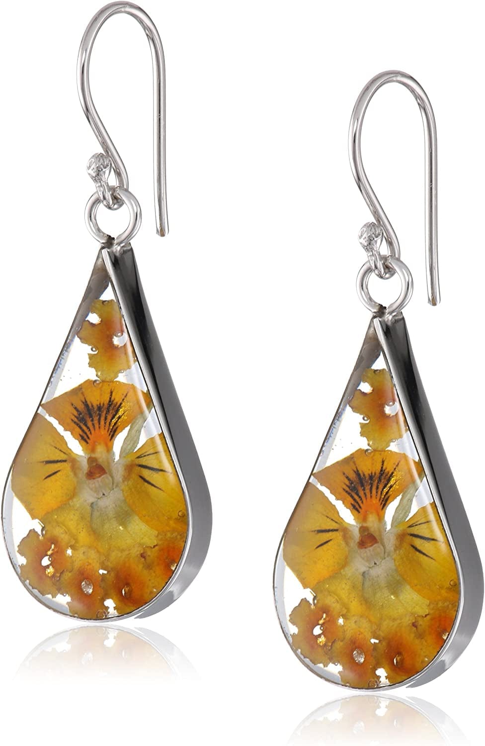 Collection Sterling Silver Pressed Flower Teardrop Earrings Orange/Silver, Flower