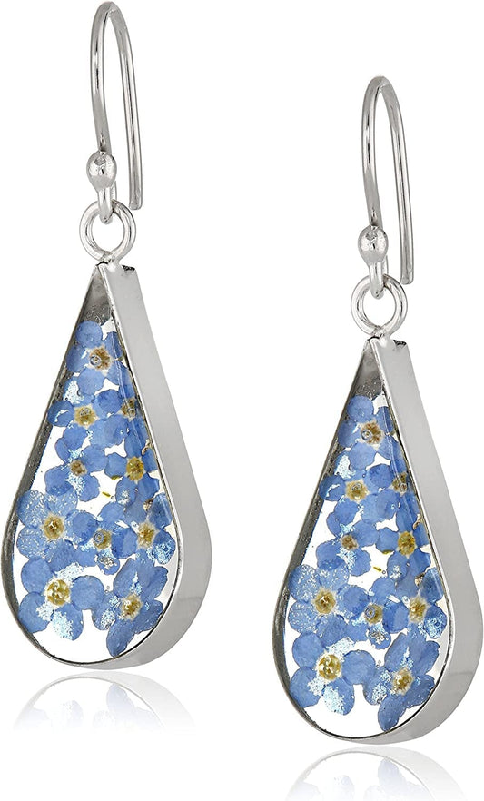 Collection Sterling Silver Pressed Flower Teardrop Earrings Blue/Silver, Flower