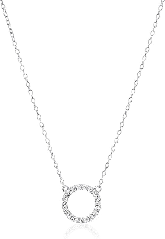 Collection Women'S Open Circle Cubic Zirconia 16" Chain with 2" Extender Pendant Necklace Sterling Silver