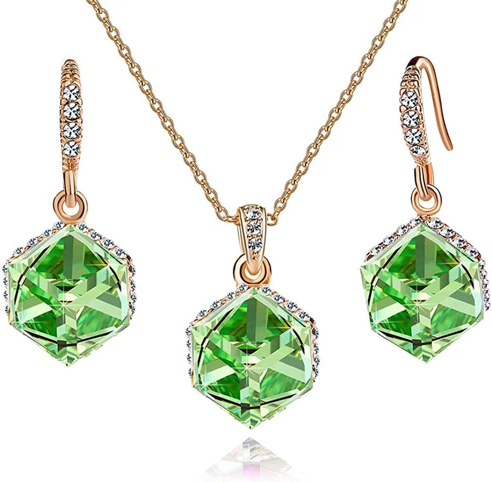 Colorful Cubic Austrian Crystal Pendant Necklace Earrings for Women 14K Gold Plated Hypoallergenic Jewelry Set Green Crystal /Rose Gold-tone