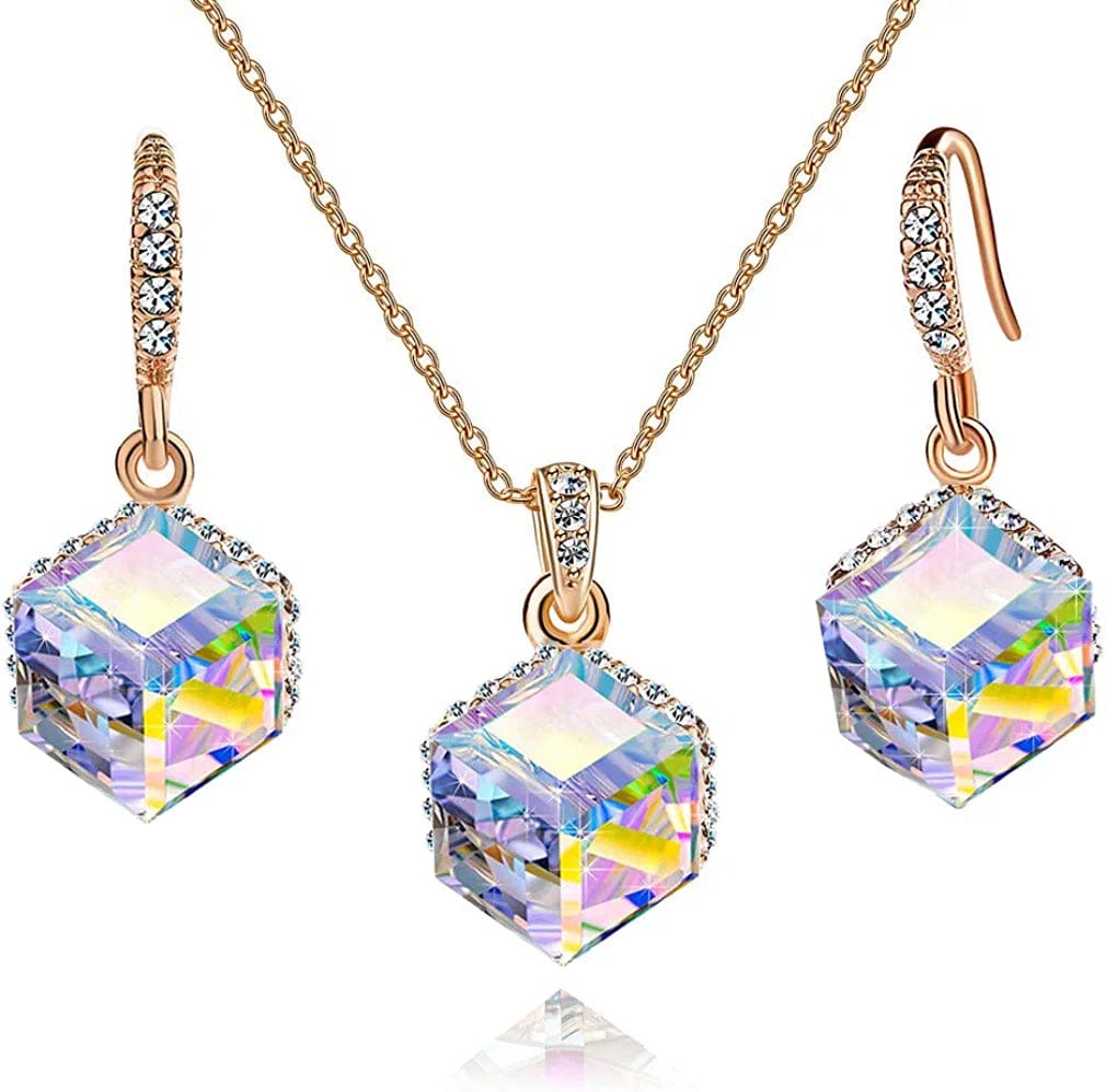 Colorful Cubic Austrian Crystal Pendant Necklace Earrings for Women 14K Gold Plated Hypoallergenic Jewelry Set Aurora Borealis
