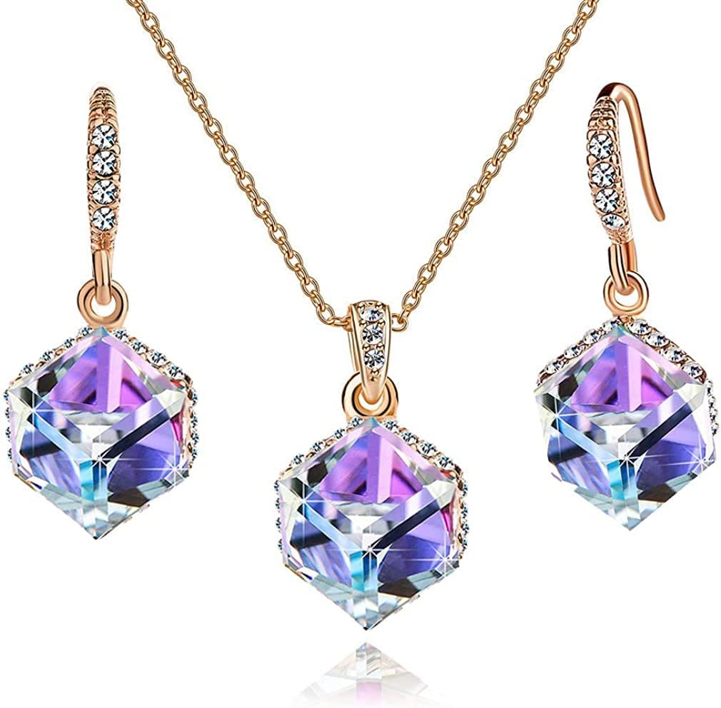 Colorful Cubic Austrian Crystal Pendant Necklace Earrings for Women 14K Gold Plated Hypoallergenic Jewelry Set Vitrail Light /Rose Gold-tone