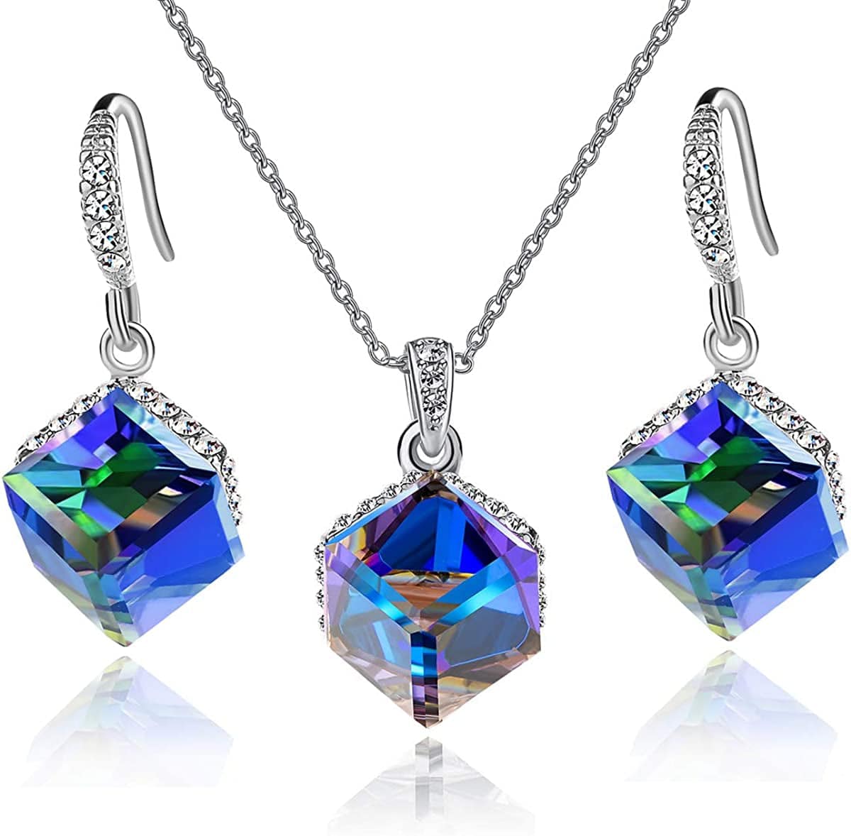 Colorful Cubic Austrian Crystal Pendant Necklace Earrings for Women 14K Gold Plated Hypoallergenic Jewelry Set Blue Crystal/Silver-tone