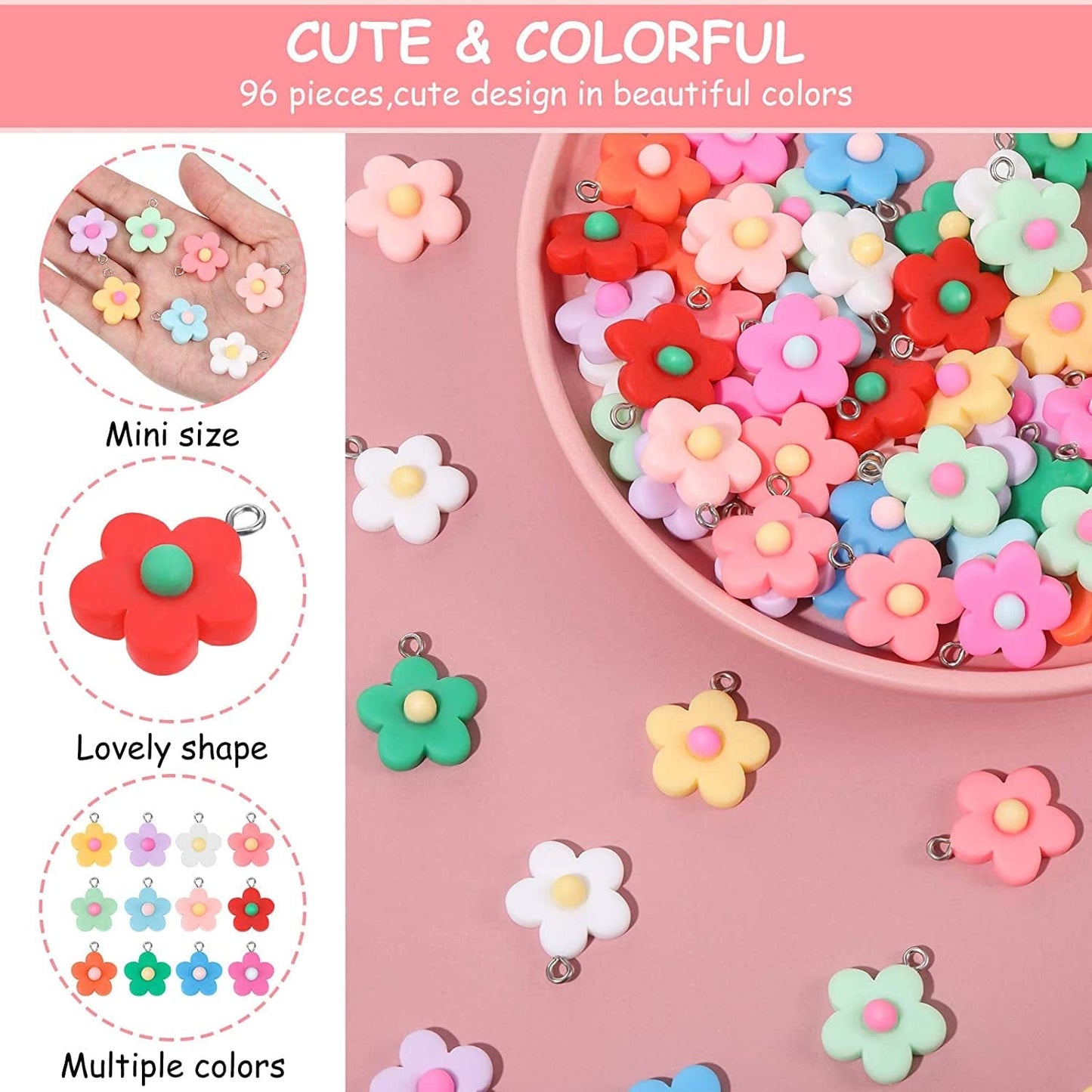 Colorful Flower Pendant Charms Resin Flower Charms for Jewelry Making Necklace Bracelet Earring DIY Jewelry Accessories Charms (96 Pieces)
