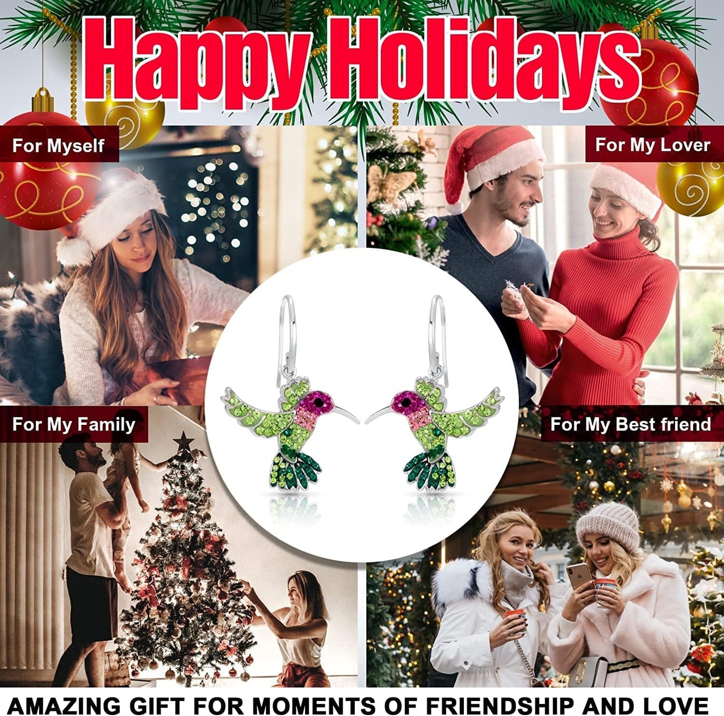 Colorful Flying Hummingbird Crystal Earrings Never Rust 925 Sterling Silver with Hypoallergenic Hooks Christmas, Holiday Gifts for Girls and Women with Free Breathtaking Box for the Miracle of Living