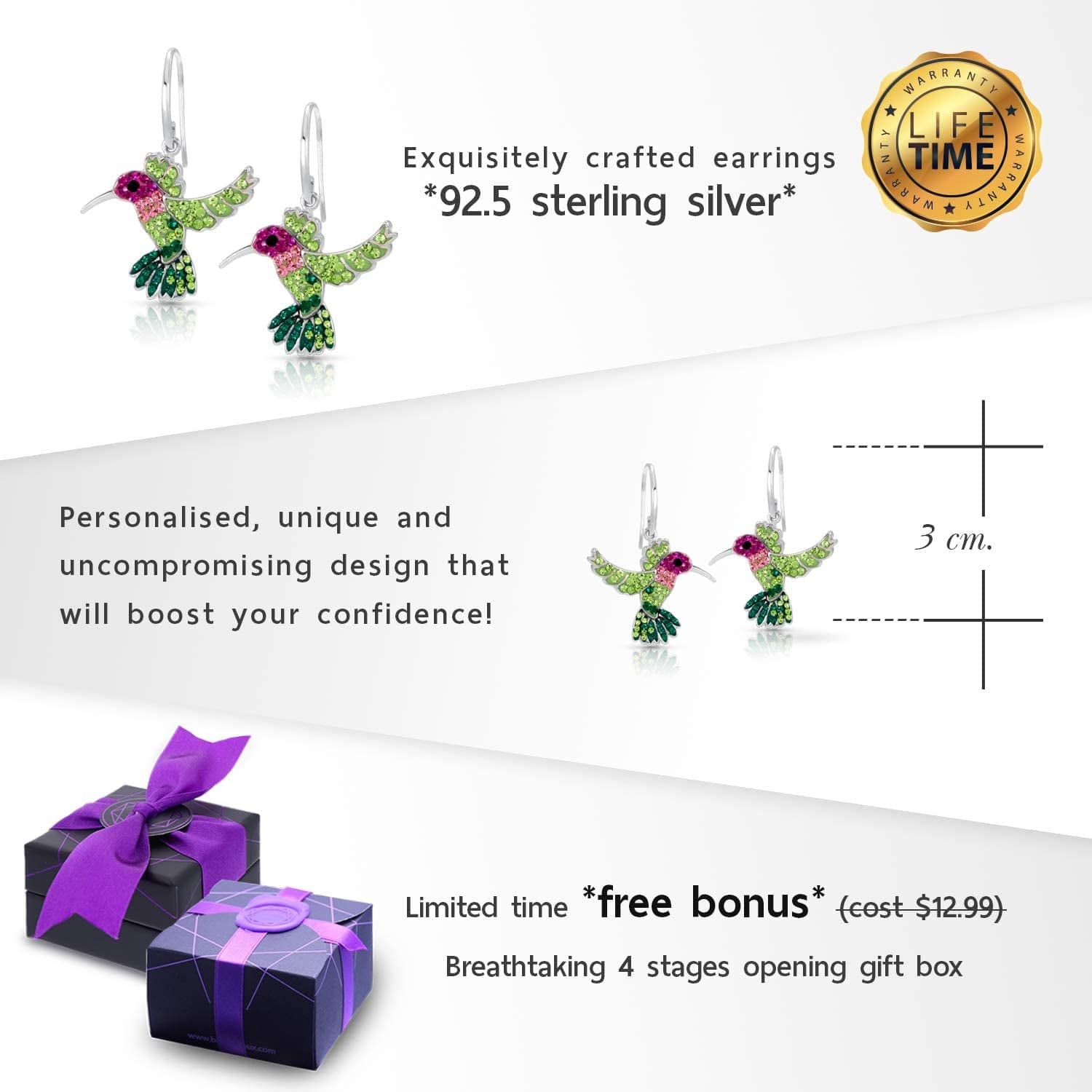 Colorful Flying Hummingbird Crystal Earrings Never Rust 925 Sterling Silver with Hypoallergenic Hooks Christmas, Holiday Gifts for Girls and Women with Free Breathtaking Box for the Miracle of Living