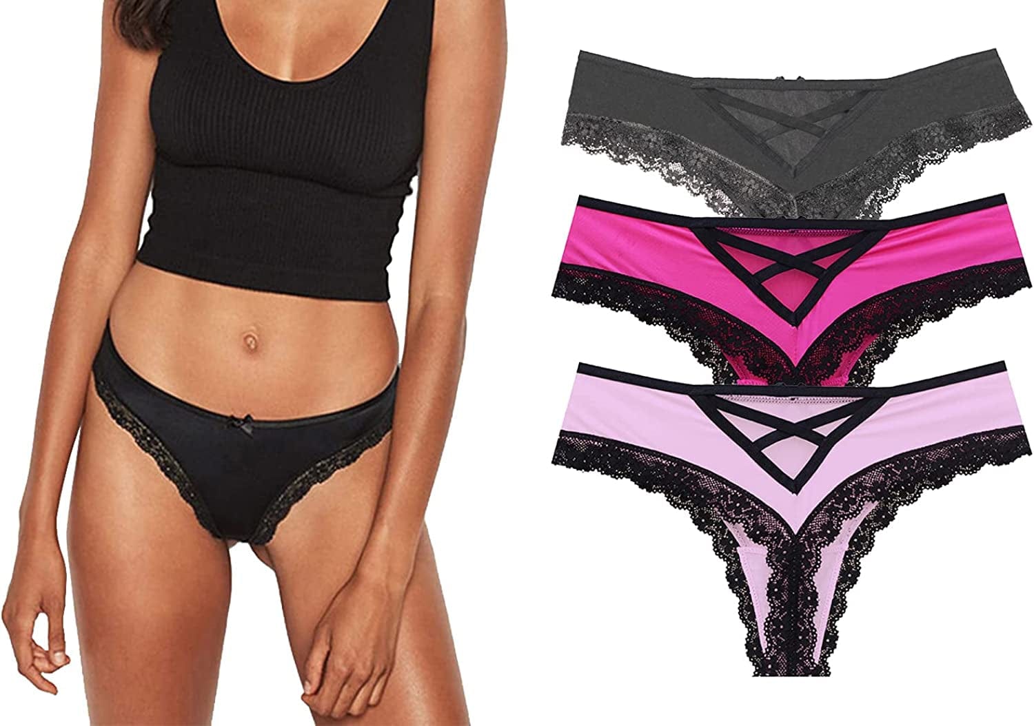 Confonze Sexy V-Back Criss Cross Panties Women Floral Lace Underwear Women'S Lingerie Bandage Briefs T-black Rose Pink / Large