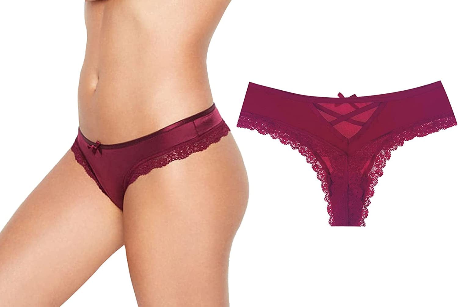 Confonze Sexy V-Back Criss Cross Panties Women Floral Lace Underwear Women'S Lingerie Bandage Briefs T-wine Red / X-Large