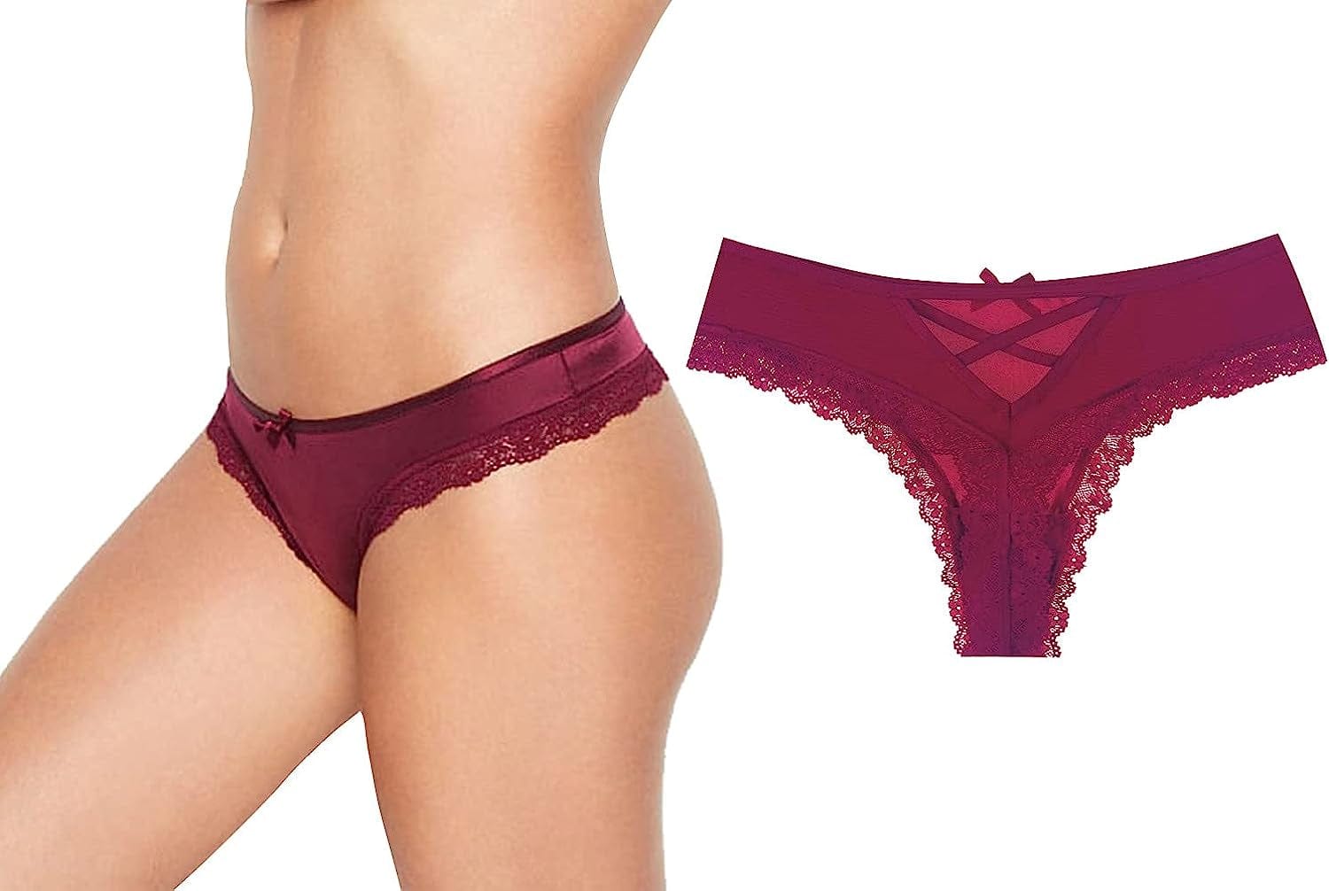 Confonze Sexy V-Back Criss Cross Panties Women Floral Lace Underwear Women'S Lingerie Bandage Briefs T-wine Red / Medium