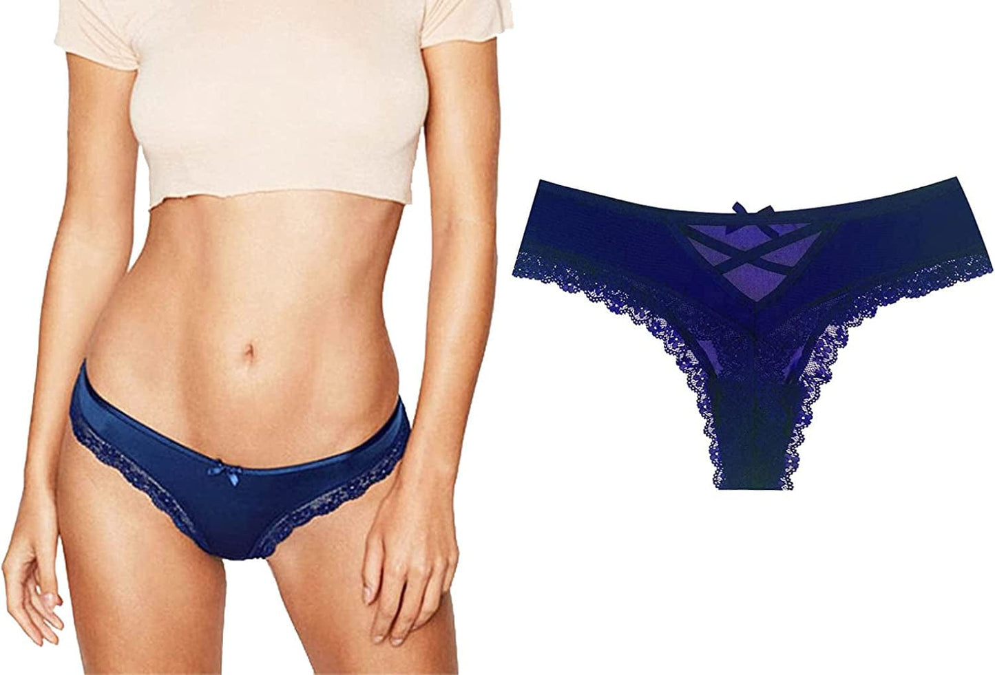 Confonze Sexy V-Back Criss Cross Panties Women Floral Lace Underwear Women'S Lingerie Bandage Briefs T-blue / Small