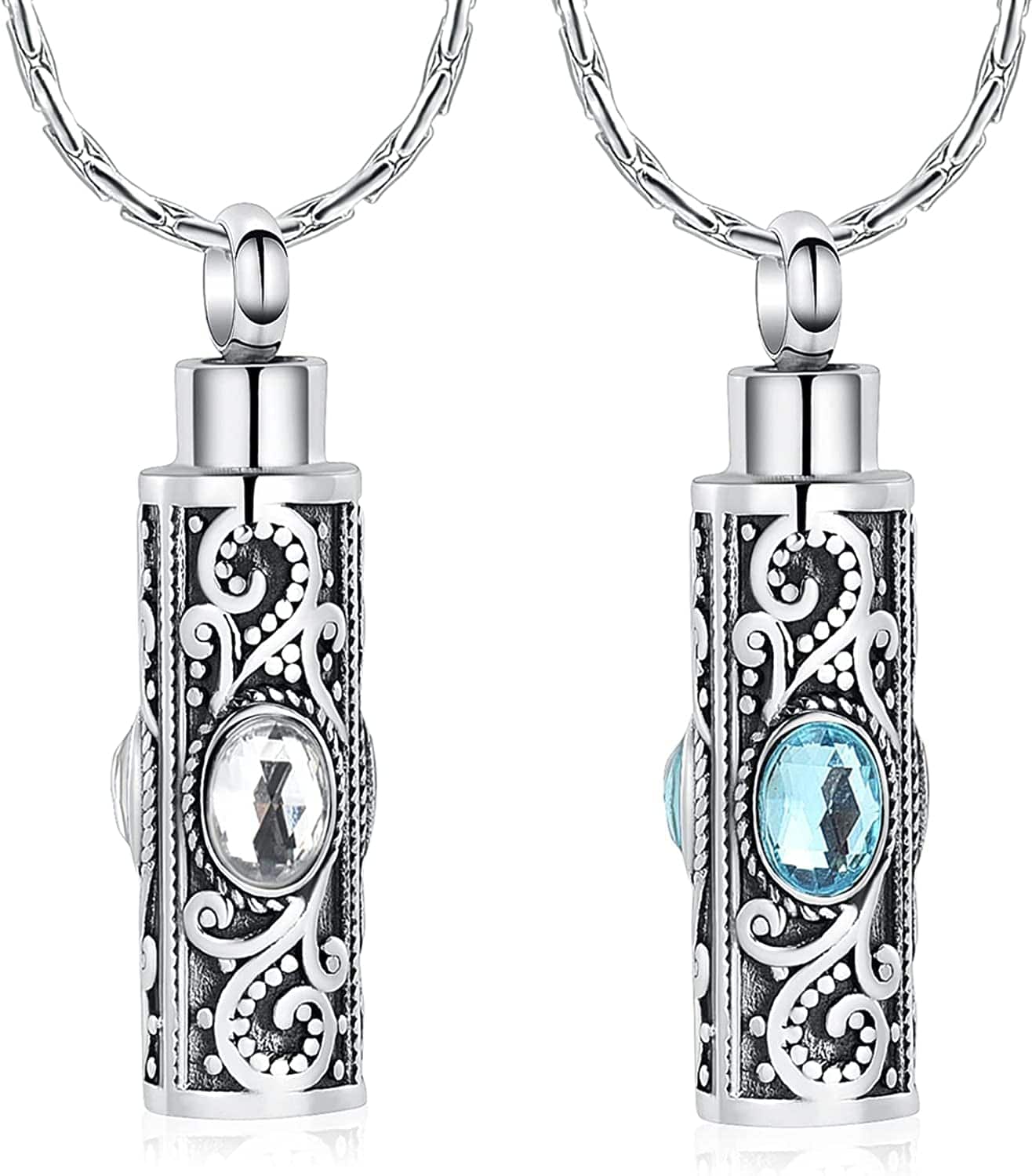Constantlife Cremation Jewelry for Ashes Crystal Stainless Steel Cylinder Urn Pendant Memorial Necklace Keepsake for Women/Men 2Pcs-White+Light Blue